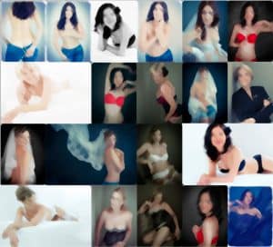 Eine Collage aus Fotos von Frauen in Dessous.