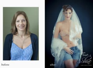 Eine Frau im Hochzeitskleid vor und nach einem Fotoshooting.