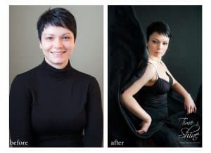 Eine Frau in einem schwarzen Kleid posiert für ein Foto.