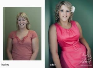 Vorher-Nachher-Fotos einer Frau in einem rosa Kleid.