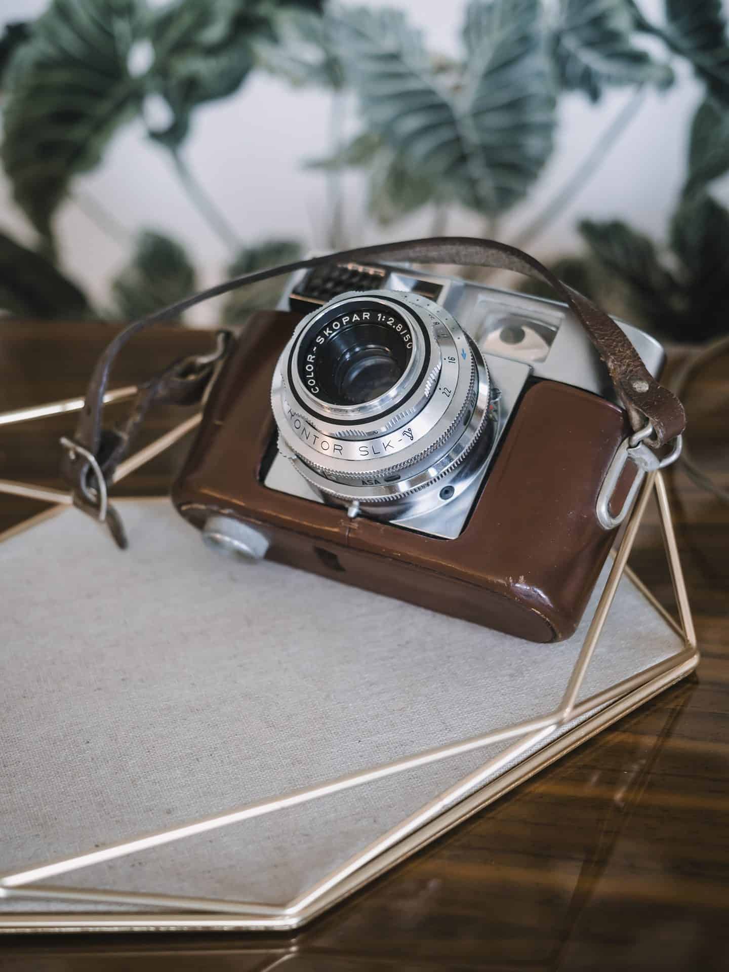 Auf einem Holztablett steht eine braune Kamera.