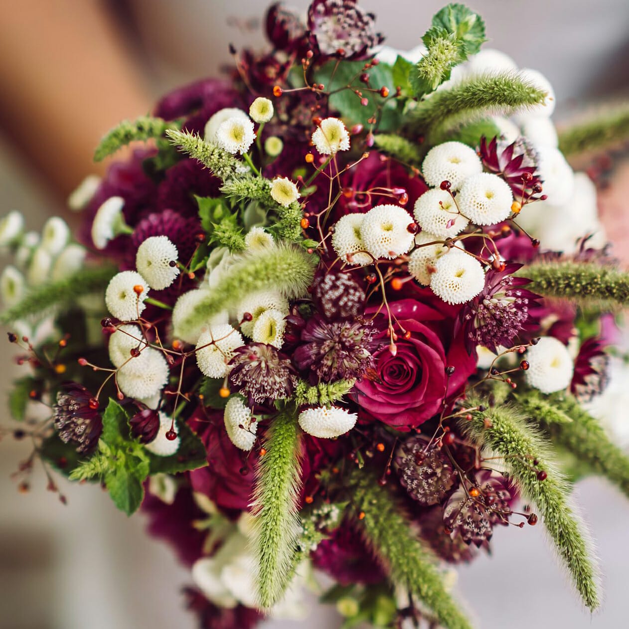 Eine Braut hält einen Strauß burgunderroter und weißer Blumen.